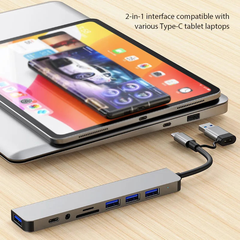 USB HUB 8 in 2 TypeC/USB3.0 To TF/PD +3.5mm Audio 5 in 2 HUB USB C Multi Splitter High Speed For PC/Laptop/Macbook Pro/Switch