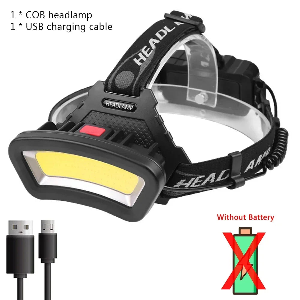 COB LED Wide Headlamp Wide Range Lighting USB Rechargeable LED Wide Angle Headlight with Battery Level Display 2*18650 Batteries