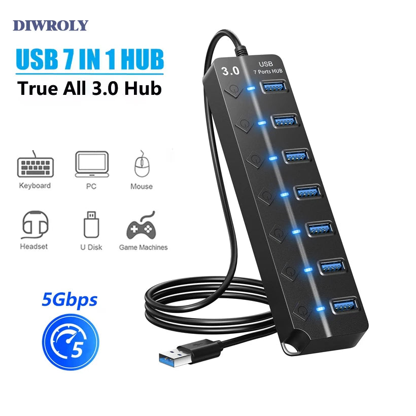 USB Hub 3.0 Multiprise USB High Speed Splitter 7 Port 5Gbps Hub Power Adapter with Switch Long Cable with Multiple Expander Hub
