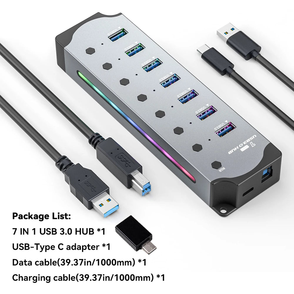7 Port USB 3.0 Hub Aluminum Multiple Splitter Independent Button Switches For PC Laptop RGB Lighting Effects High Speed USB Hub