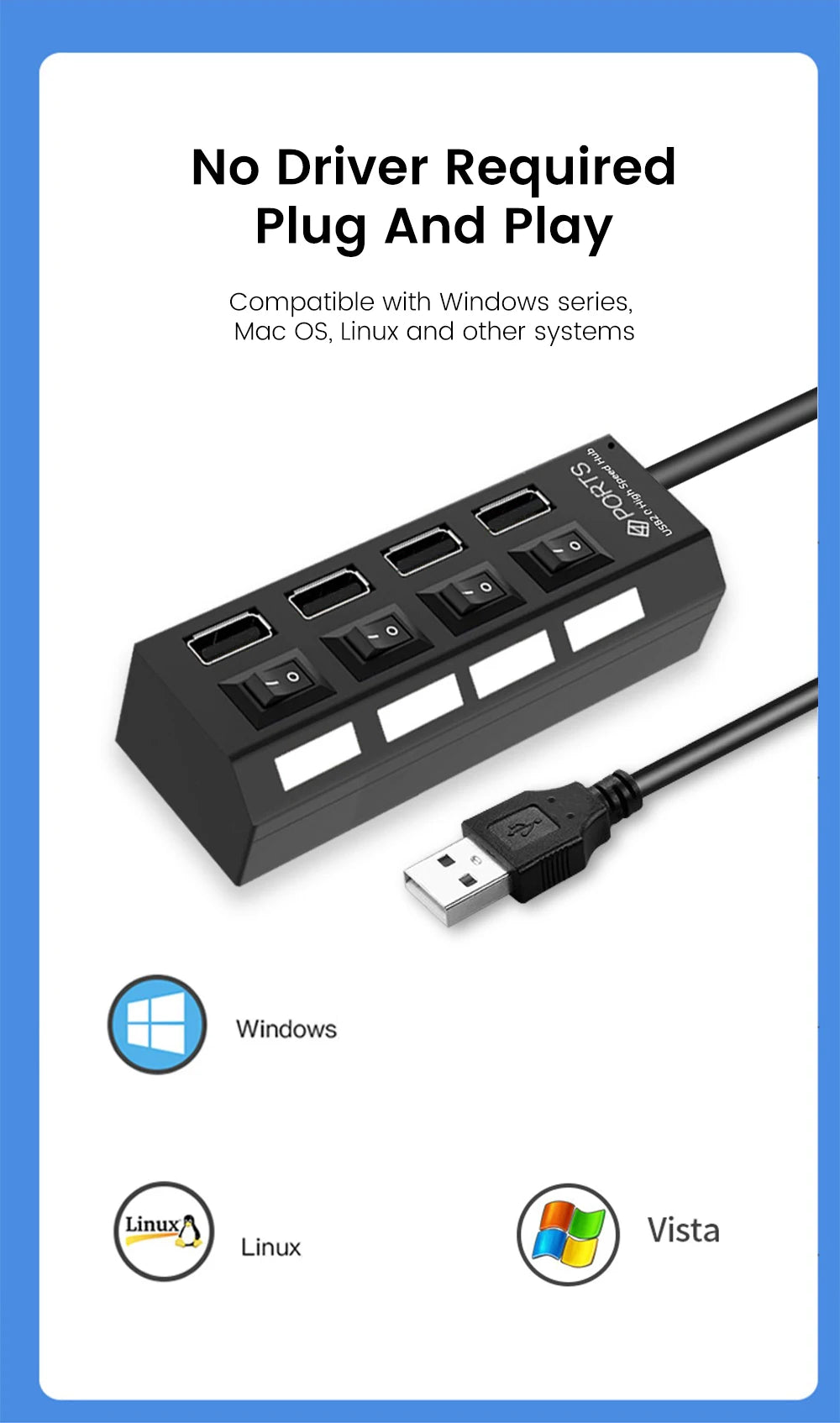 USB Hub Multiple Ports USB Extender Splitter Adapter Separate Switch High Speed USB 2.0 Hub For Computer Laptop Accessories