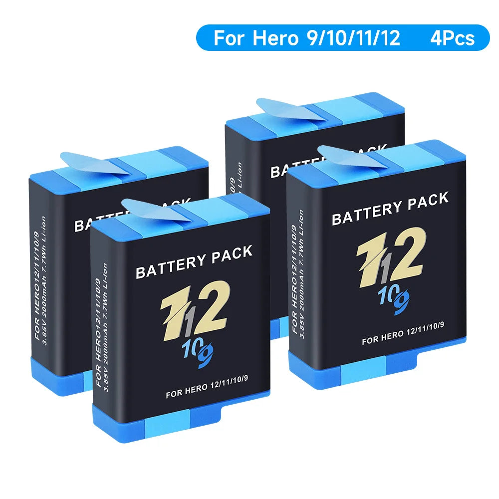 NEW GO PRO HERO 9 10 11 12 Battery With Charger Case for GoPro Hero 12 11 10 9 Sport Camera Batteries Black Accessories