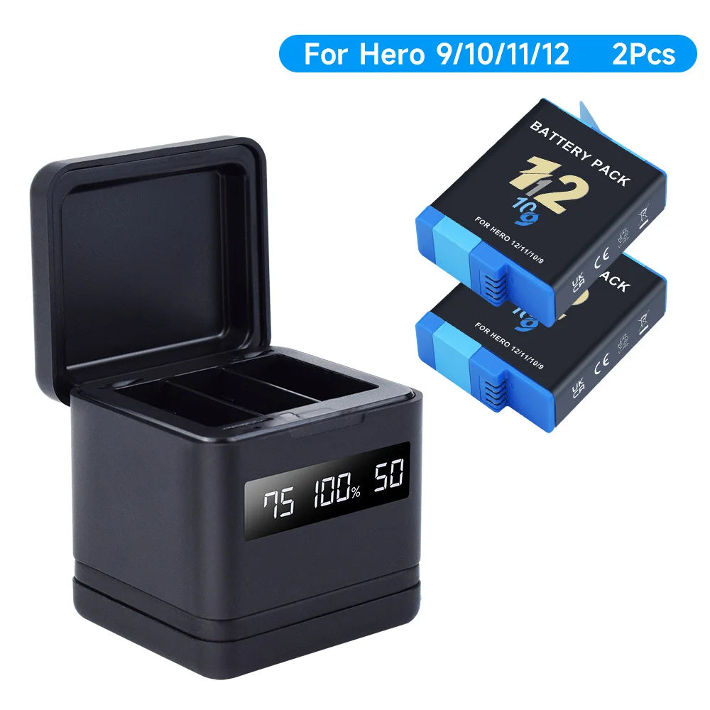 NEW GO PRO HERO 9 10 11 12 Battery With Charger Case for GoPro Hero 12 11 10 9 Sport Camera Batteries Black Accessories