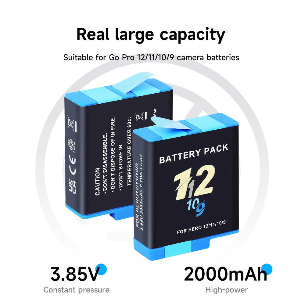NEW GO PRO HERO 9 10 11 12 Battery With Charger Case for GoPro Hero 12 11 10 9 Sport Camera Batteries Black Accessories