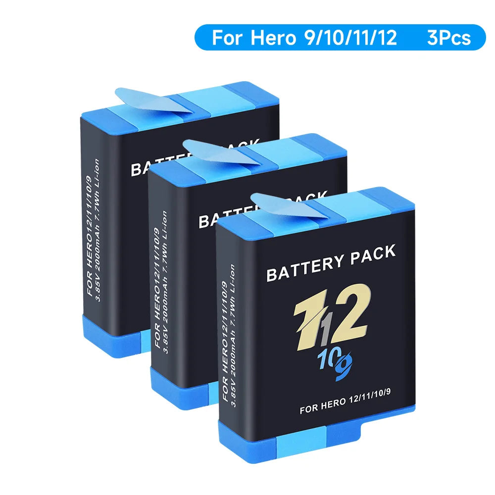 NEW GO PRO HERO 9 10 11 12 Battery With Charger Case for GoPro Hero 12 11 10 9 Sport Camera Batteries Black Accessories