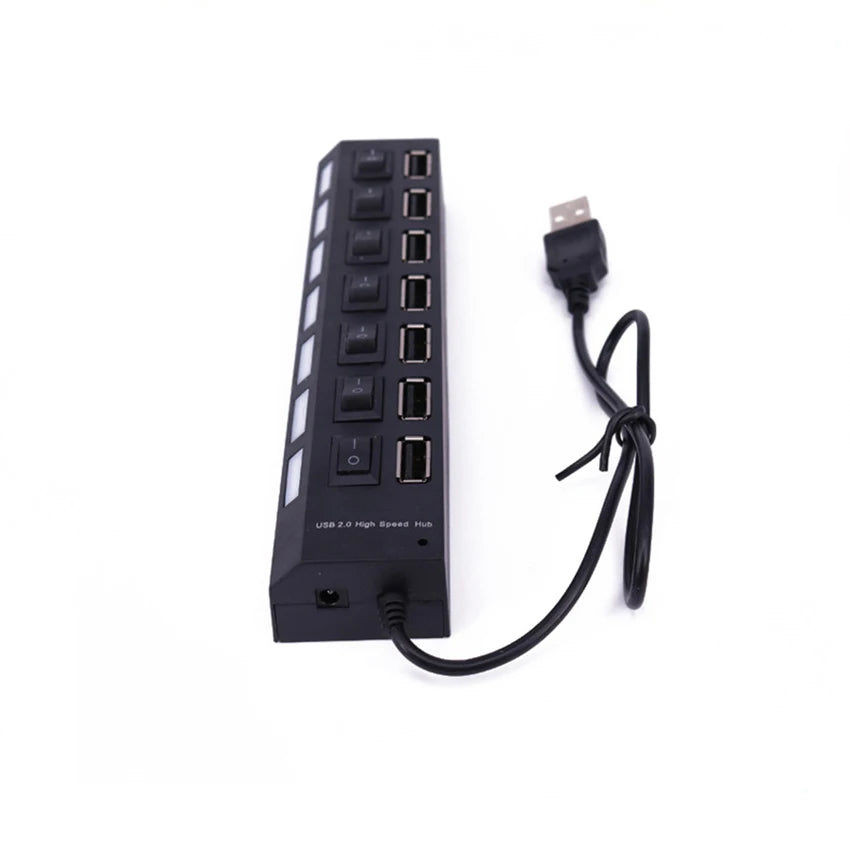 USB Hub 2.0 Splitter,7 Port USB Data Hub with Individual On/Off Switches and Lights for Laptop, PC, Computer, Black, White
