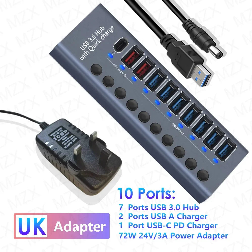 10 7 4 Port USB Hub 3.0 Aluminum A 3 0 Multi-hub Splitter Concentrator Multiple Extension Dock with Switch Adapter for PC Laptop