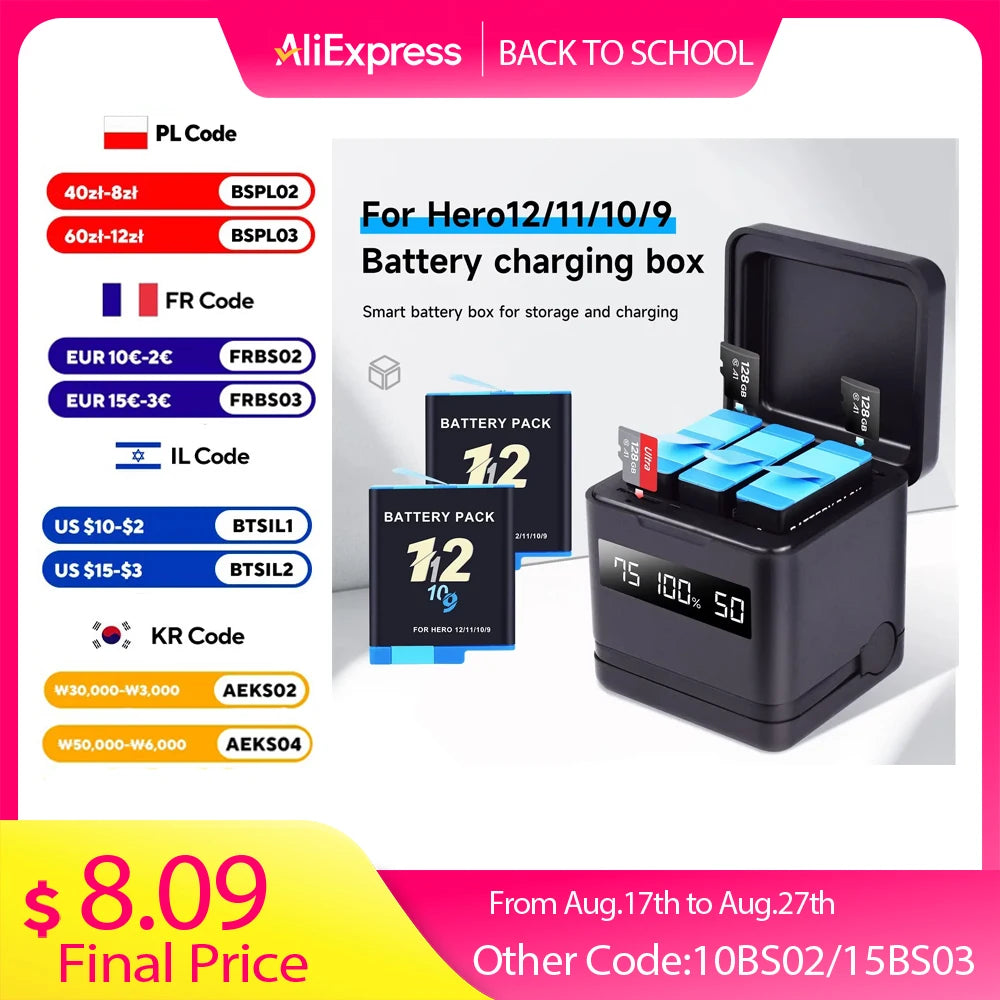 NEW GO PRO HERO 9 10 11 12 Battery With Charger Case for GoPro Hero 12 11 10 9 Sport Camera Batteries Black Accessories