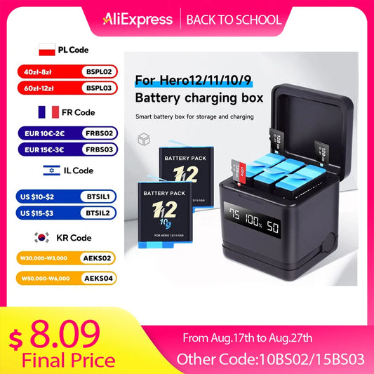NEW GO PRO HERO 9 10 11 12 Battery With Charger Case for GoPro Hero 12 11 10 9 Sport Camera Batteries Black Accessories