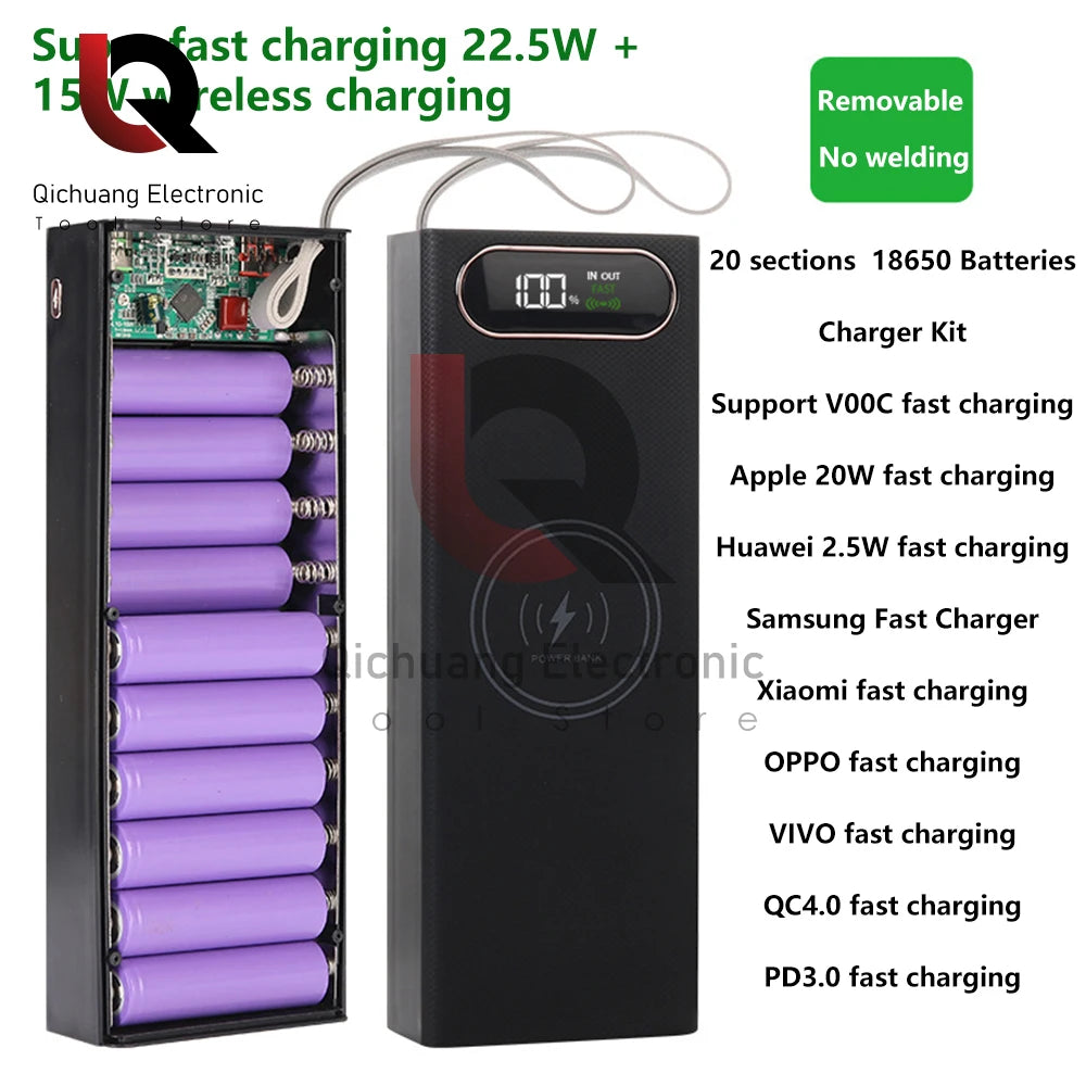 No Welding DIY Detachable 20x 18650 Batteries Power Bank Case Super Fast Charge For Phones Charging 22.5W Battery Storage Boxes