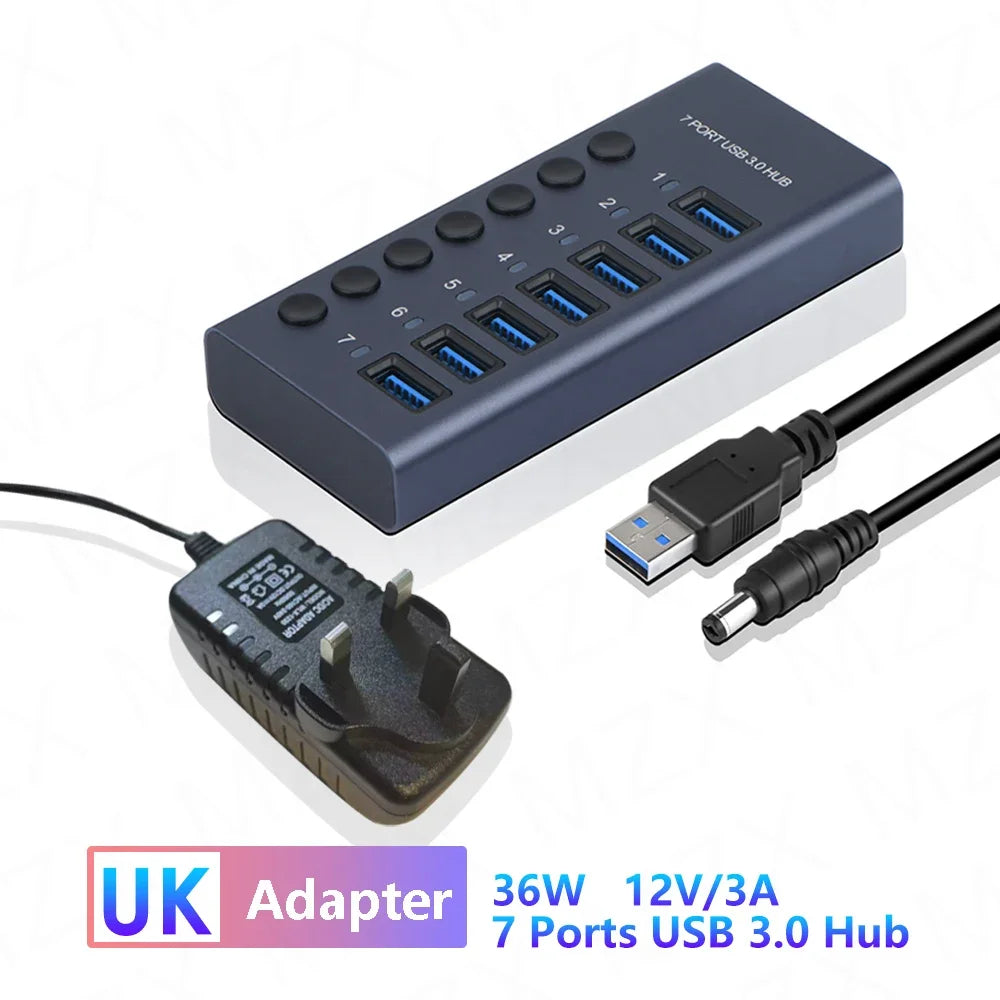 10 7 4 Port USB Hub 3.0 Aluminum A 3 0 Multi-hub Splitter Concentrator Multiple Extension Dock with Switch Adapter for PC Laptop