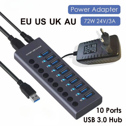 10 7 4 Port USB Hub 3.0 Aluminum A 3 0 Multi-hub Splitter Concentrator Multiple Extension Dock with Switch Adapter for PC Laptop