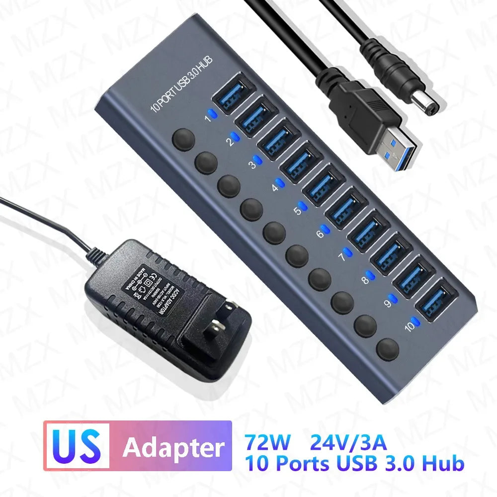 10 7 4 Port USB Hub 3.0 Aluminum A 3 0 Multi-hub Splitter Concentrator Multiple Extension Dock with Switch Adapter for PC Laptop