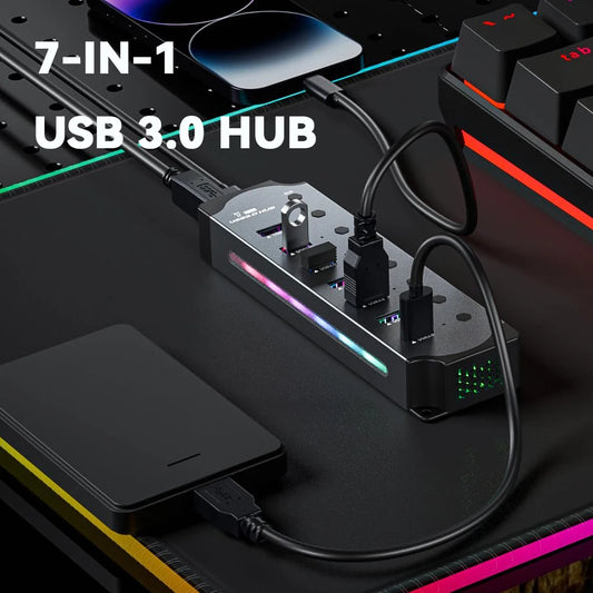 7 Port USB 3.0 Hub Aluminum Multiple Splitter Independent Button Switches For PC Laptop RGB Lighting Effects High Speed USB Hub