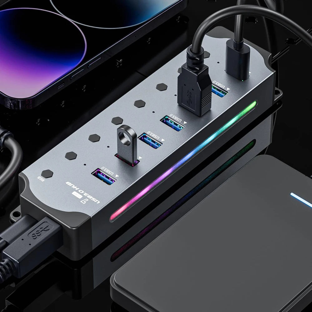 7 Port USB 3.0 Hub Aluminum Multiple Splitter Independent Button Switches For PC Laptop RGB Lighting Effects High Speed USB Hub