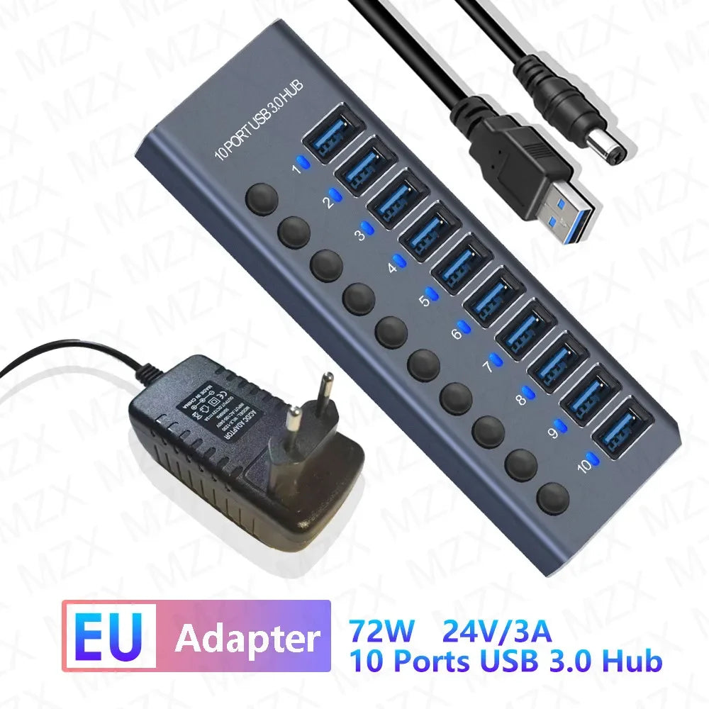 10 7 4 Port USB Hub 3.0 Aluminum A 3 0 Multi-hub Splitter Concentrator Multiple Extension Dock with Switch Adapter for PC Laptop