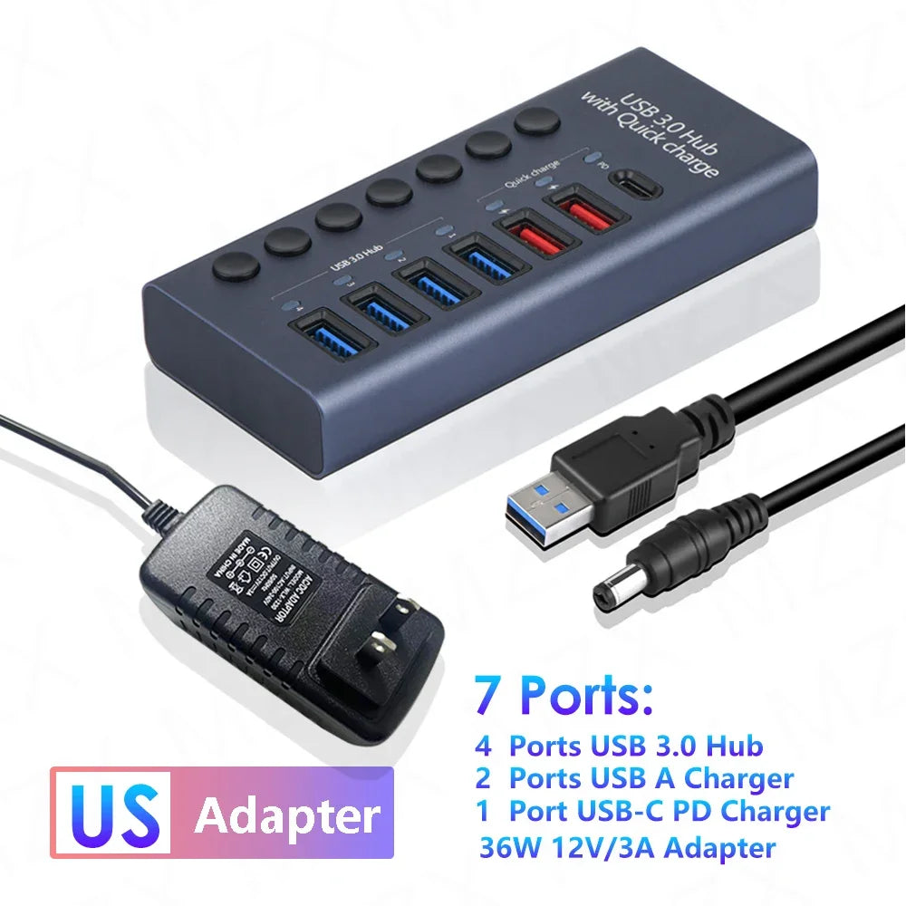 10 7 4 Port USB Hub 3.0 Aluminum A 3 0 Multi-hub Splitter Concentrator Multiple Extension Dock with Switch Adapter for PC Laptop