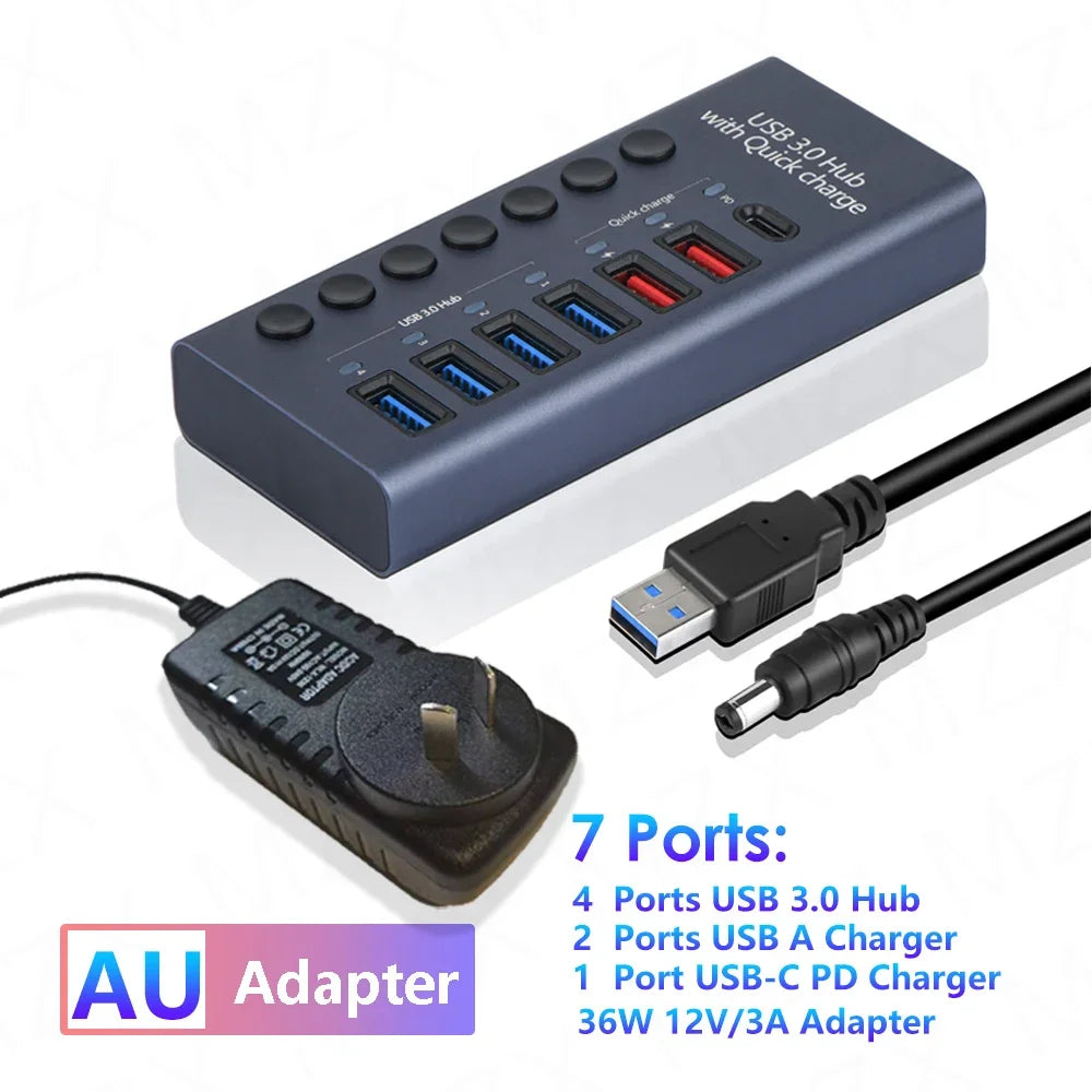 10 7 4 Port USB Hub 3.0 Aluminum A 3 0 Multi-hub Splitter Concentrator Multiple Extension Dock with Switch Adapter for PC Laptop