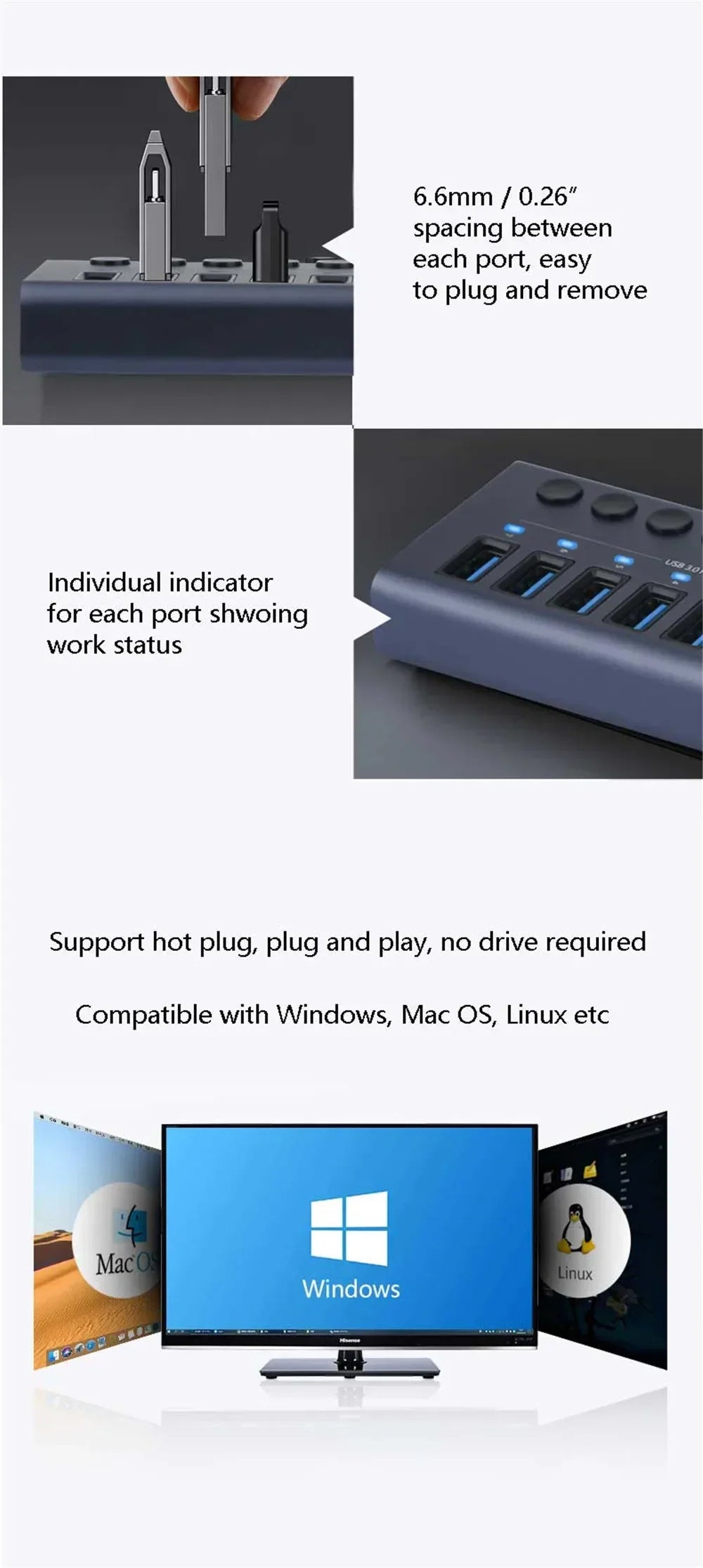 10 7 4 Port USB Hub 3.0 Aluminum A 3 0 Multi-hub Splitter Concentrator Multiple Extension Dock with Switch Adapter for PC Laptop