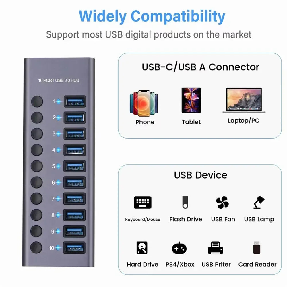 10 7 4 Port USB Hub 3.0 Aluminum A 3 0 Multi-hub Splitter Concentrator Multiple Extension Dock with Switch Adapter for PC Laptop