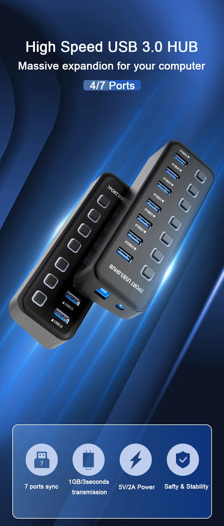 USB 3.0 Hub 4 Ports 7 Ports USB 3.0 Data Port Adapter 5Gbps High Speed Individual On/Off Switch Splitter USB Extension