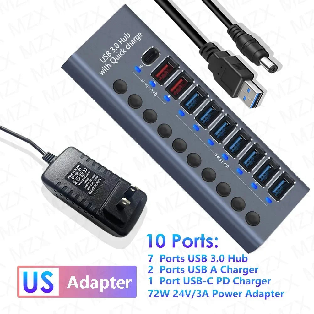10 7 4 Port USB Hub 3.0 Aluminum A 3 0 Multi-hub Splitter Concentrator Multiple Extension Dock with Switch Adapter for PC Laptop