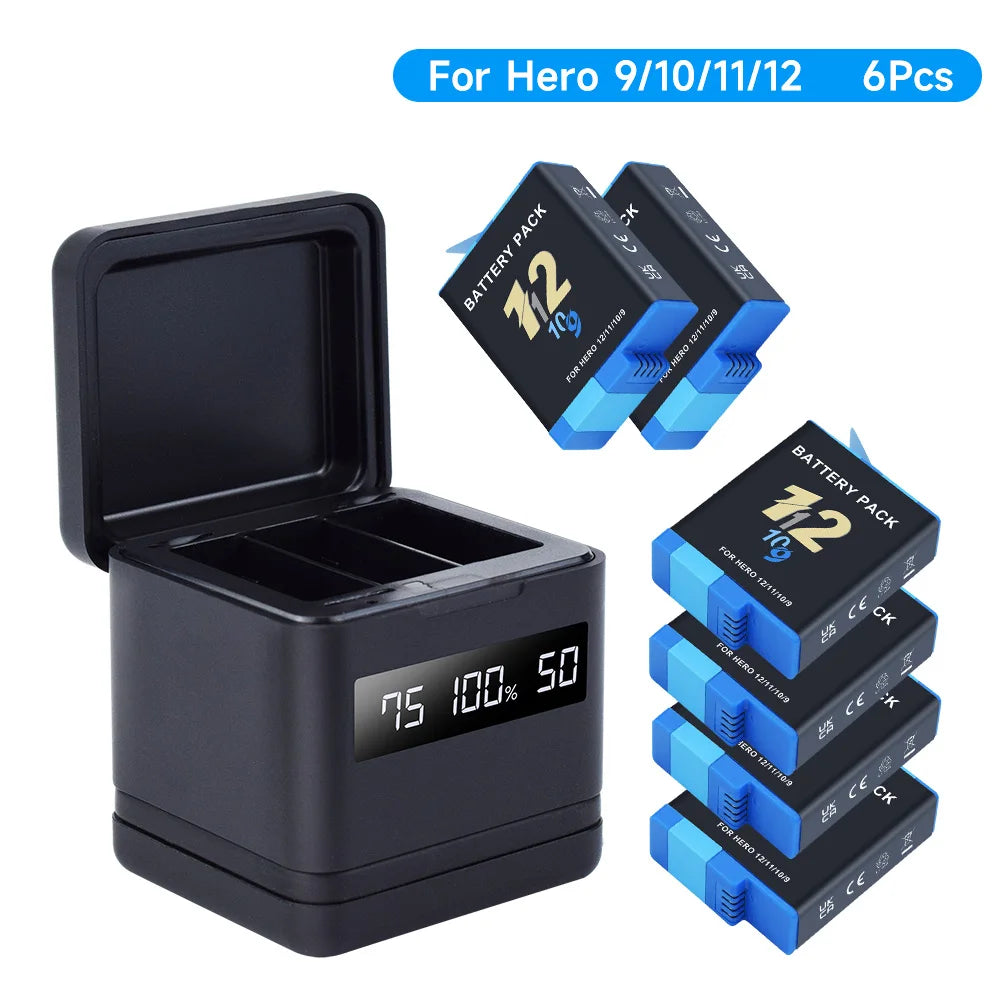 NEW GO PRO HERO 9 10 11 12 Battery With Charger Case for GoPro Hero 12 11 10 9 Sport Camera Batteries Black Accessories
