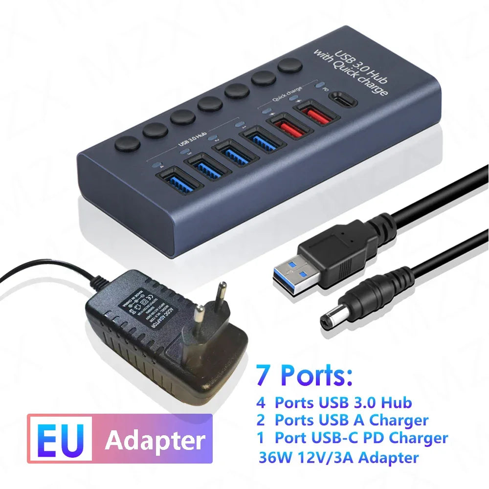 10 7 4 Port USB Hub 3.0 Aluminum A 3 0 Multi-hub Splitter Concentrator Multiple Extension Dock with Switch Adapter for PC Laptop