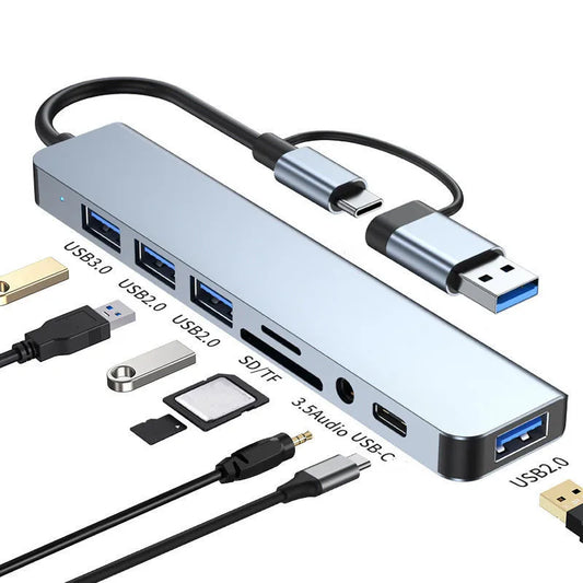 USB C Hub 8-in-2 USB Splitter with USB 3.0/2.0 USB-C Data 3.5 Audio SD/TF Card Reader Multiport USB C HUB for MacBook Laptop