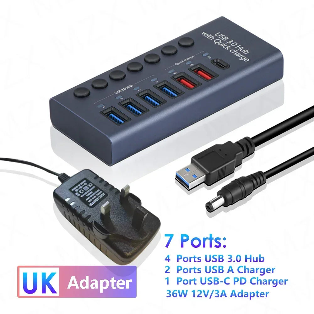 10 7 4 Port USB Hub 3.0 Aluminum A 3 0 Multi-hub Splitter Concentrator Multiple Extension Dock with Switch Adapter for PC Laptop