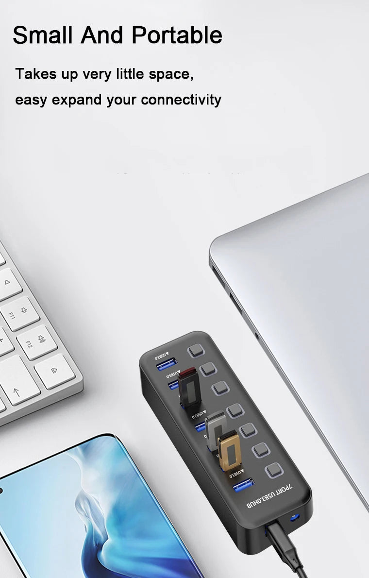 USB 3.0 Hub 4 Ports 7 Ports USB 3.0 Data Port Adapter 5Gbps High Speed Individual On/Off Switch Splitter USB Extension