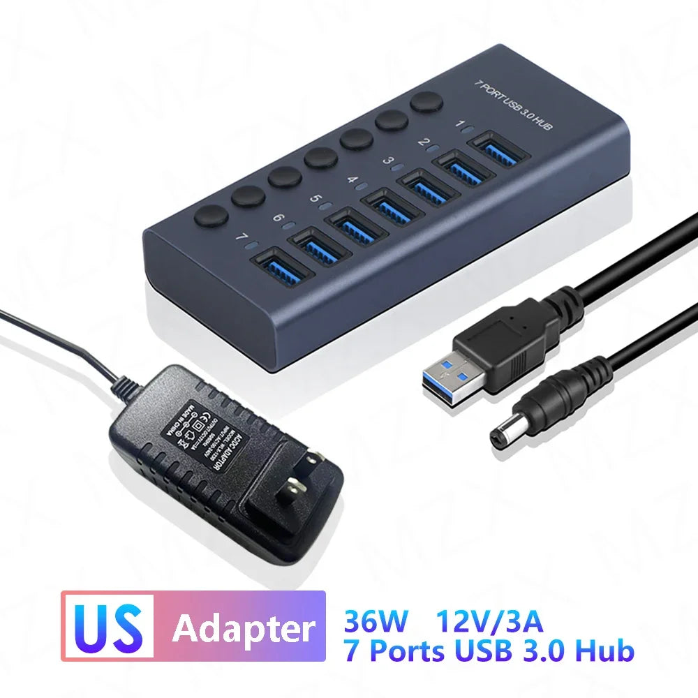 10 7 4 Port USB Hub 3.0 Aluminum A 3 0 Multi-hub Splitter Concentrator Multiple Extension Dock with Switch Adapter for PC Laptop