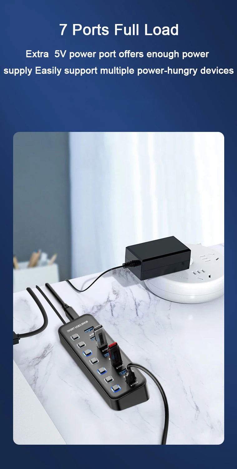 USB 3.0 Hub 4 Ports 7 Ports USB 3.0 Data Port Adapter 5Gbps High Speed Individual On/Off Switch Splitter USB Extension