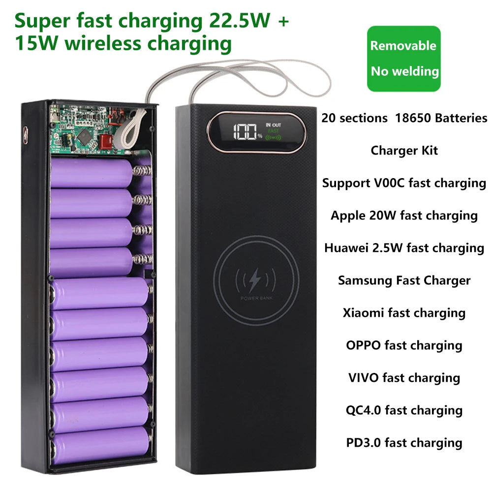 No Welding DIY Detachable 20x 18650 Batteries Power Bank Case Super Fast Charge For Phones Charging 22.5W Battery Storage Boxes