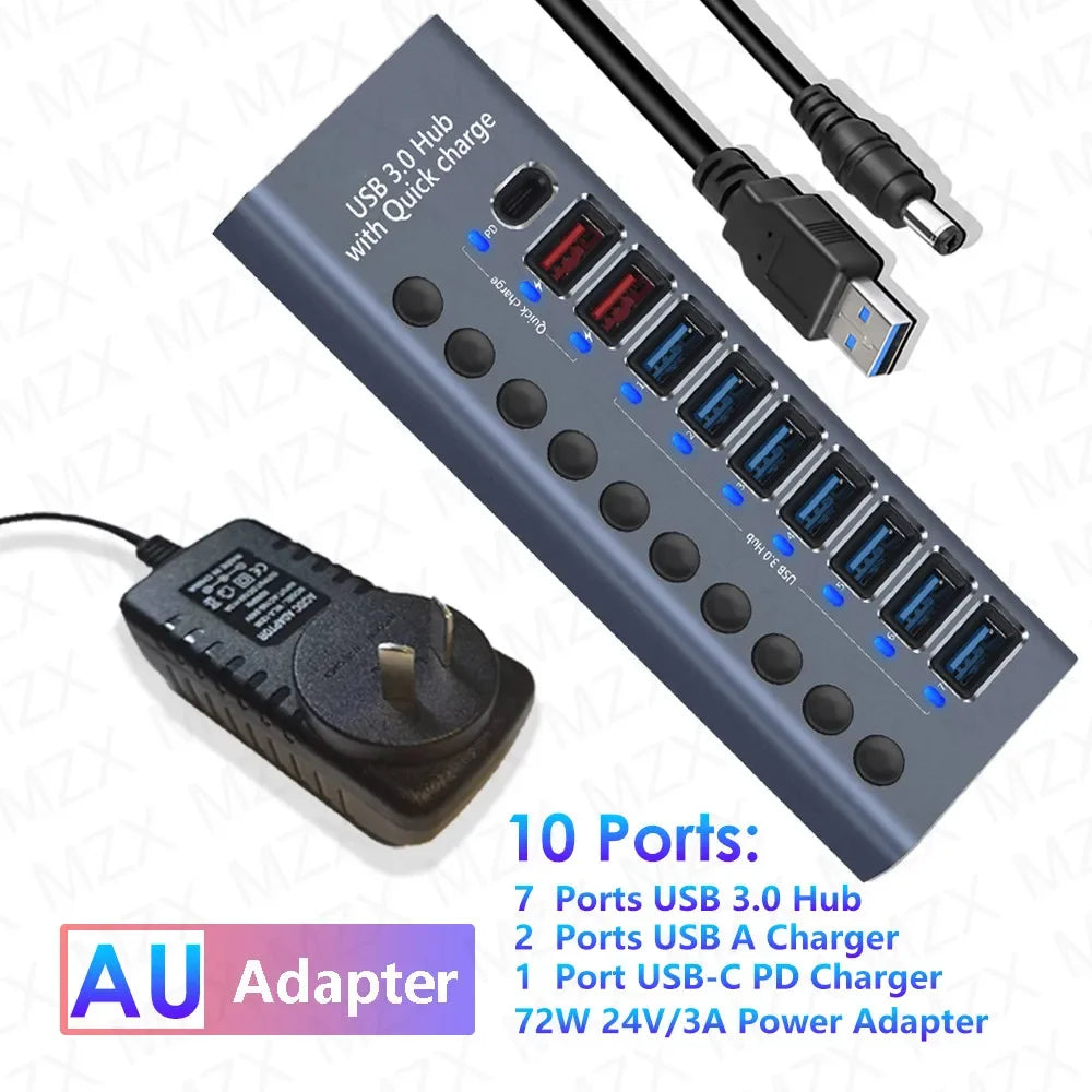 10 7 4 Port USB Hub 3.0 Aluminum A 3 0 Multi-hub Splitter Concentrator Multiple Extension Dock with Switch Adapter for PC Laptop