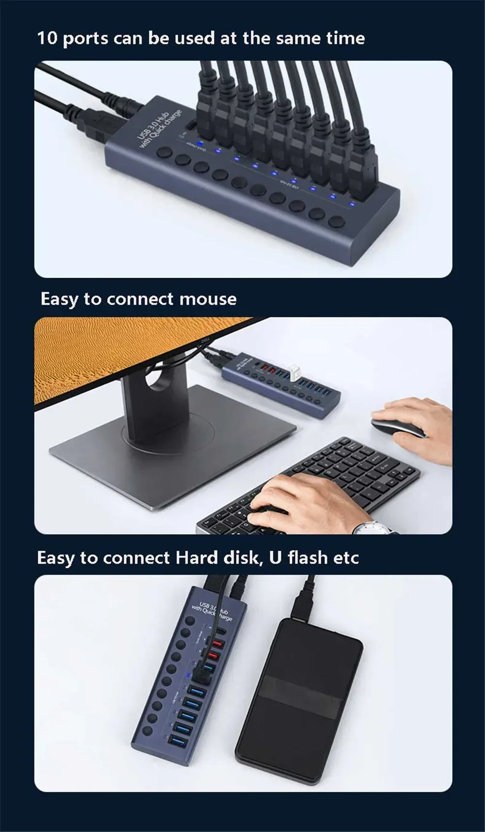 10 7 4 Port USB Hub 3.0 Aluminum A 3 0 Multi-hub Splitter Concentrator Multiple Extension Dock with Switch Adapter for PC Laptop