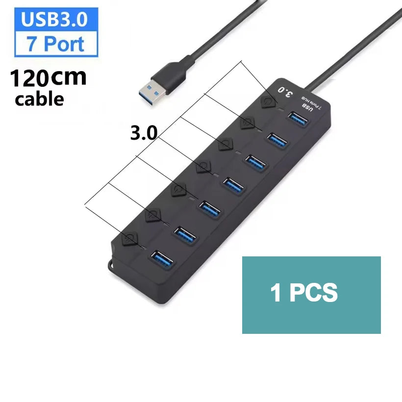 USB Hub 3.0 Multiprise USB High Speed Splitter 7 Port 5Gbps Hub Power Adapter with Switch Long Cable with Multiple Expander Hub