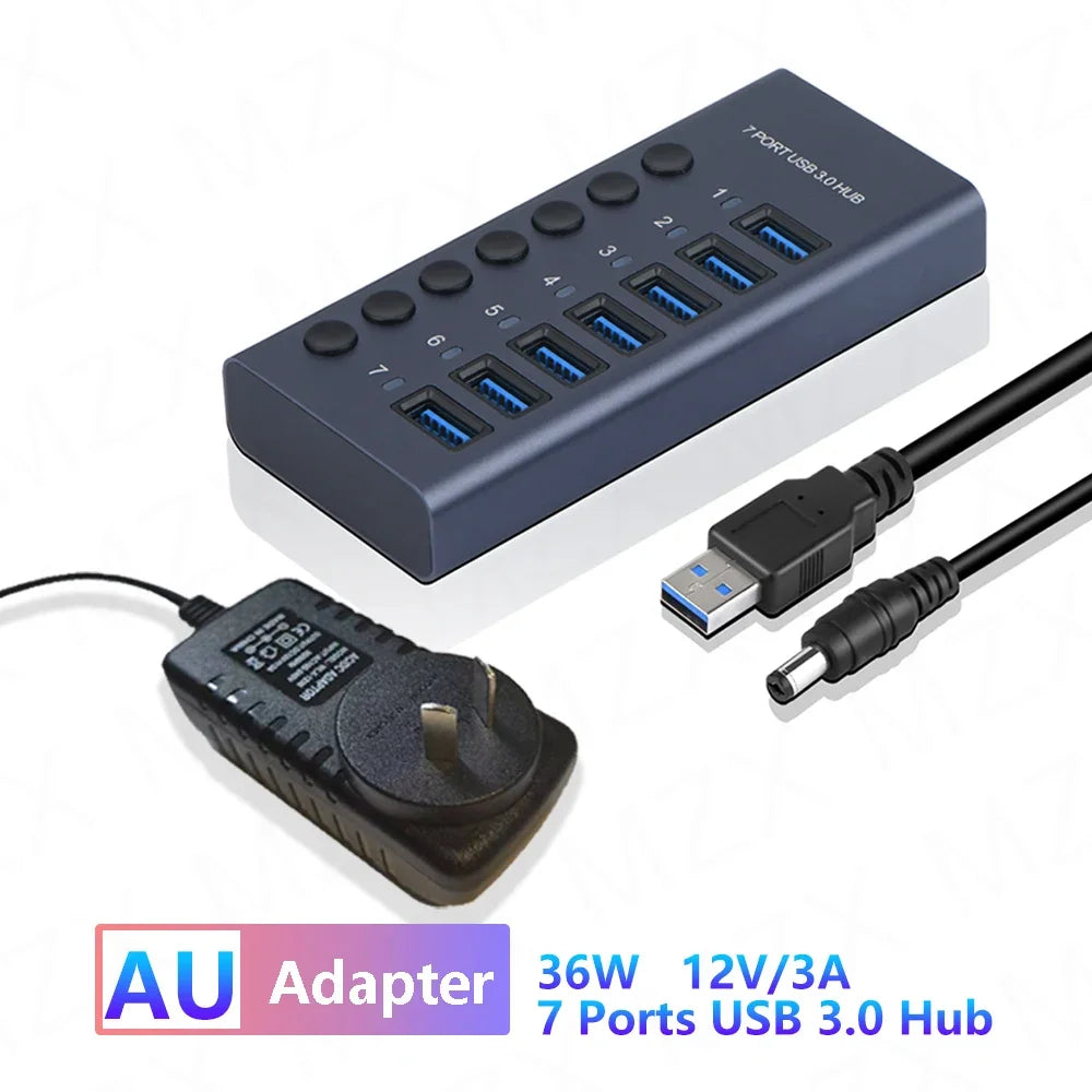 10 7 4 Port USB Hub 3.0 Aluminum A 3 0 Multi-hub Splitter Concentrator Multiple Extension Dock with Switch Adapter for PC Laptop