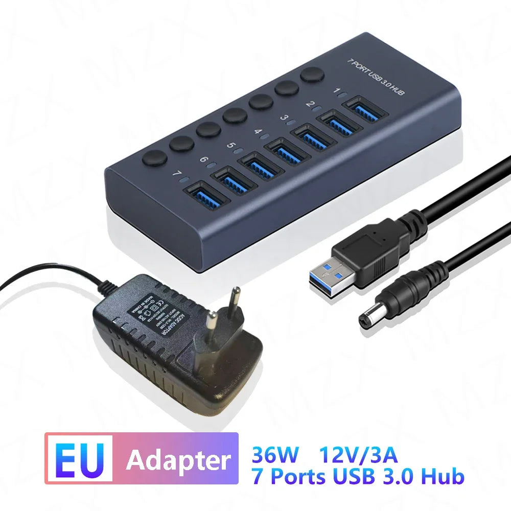 10 7 4 Port USB Hub 3.0 Aluminum A 3 0 Multi-hub Splitter Concentrator Multiple Extension Dock with Switch Adapter for PC Laptop