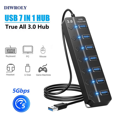 USB Hub 3.0 Multiprise USB High Speed Splitter 7 Port 5Gbps Hub Power Adapter with Switch Long Cable with Multiple Expander Hub